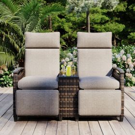 GO Patio Recliner Loveseat Chair, Adjustable Backrest Wicker Outdoor Lounge Chair Set with Acacia Wood Armrests and Built-in Storage Table, Brown