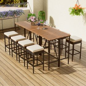 GO 10-Piece Outdoor Acacia Wood Bar Height Table And Eight Stools With Cushions, Garden PE Rattan Wicker Dining Table, Brown