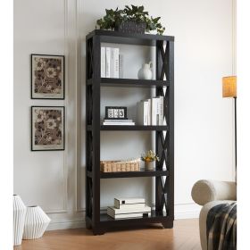 Modern bookcase display cabinet four tall shelves with X brace wooden frame and wooden legs - as Pic