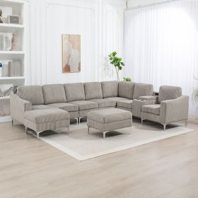 Convertible Sectional Corduroy Sofa with Storage Ottoman,Cupholders, USB Ports for Living Room Apartment,Gray - as Pic