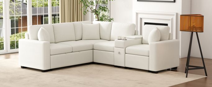 120.5" L-shaped Convertible Sofa Bed Modular Sectional Sofa Reversible Sleeper with Pull-Out Bed, Cup Holders, and Ample Storage Space, White