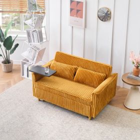 The pull-out and push-in yellow corduroy sofa with dual functions, equipped with a movable tabletop and USB ports