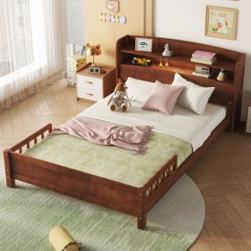 Full Pine Wood Bed with Bookcase Headboard ,LED Motion Sensor Light, Bed Guardrails,Walnut - as Pic