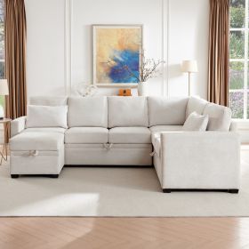 Modular Sectional Sleeper Sofa with Pull Out Bed, U Shaped Sectional Couch with Storage Ottomand, Beige