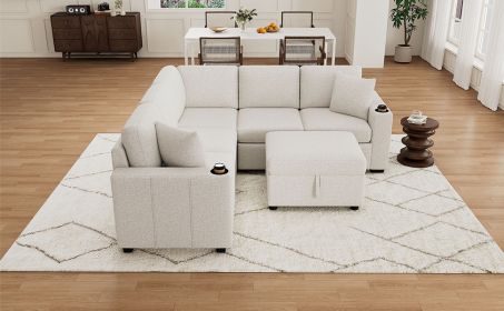 84.7" Sectional Sofa Convertible Pull-out Sofa Bed L-shaped Sofa U-shaped Sofa with a Movable Storage Ottoman for Living Room, Beige - as Pic