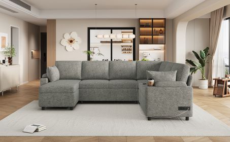 109.9" Sectional Sofa Versatile Sofa Bed Sofa Sleeper U-shaped Sofa with Ample Storage Space, Light Grey