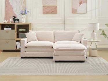 L Shape Sofa Couch with USB and cup holder, corduroy striped fabric 2-seater sofa with 1 footstool, beige