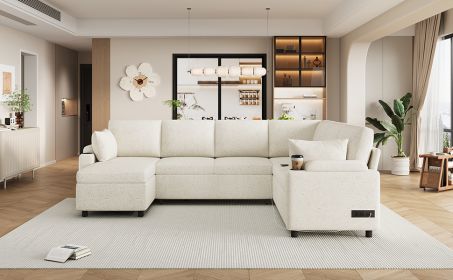 Beige 109.9" Sectional Sofa Versatile Sofa Bed Sofa Sleeper U-shaped Sofa with Ample Storage Space, Two Cup Holders and Charging Ports