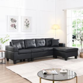 Sectional Sofa Set for Living Room with L Shape Chaise Lounge ,cup holder and Left or Right Hand Chaise Modern 4 Seat (BLACK) - as Pic