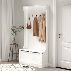 Entryway Bench with Standing Coat Rack, Hall Tree with Shoe Storage Bench, Entryway Organizer with 5 Hooks, White - as Pic