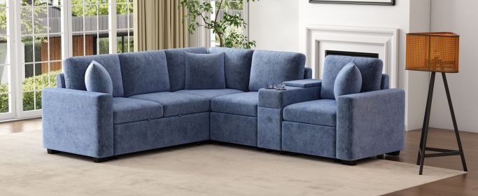 120.5" L-shaped Convertible Sofa Bed Modular Sectional Sofa Reversible Sleeper with Pull-Out Bed, and Cup Holders, Blue - as Pic