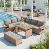 5-Piece Outdoor Patio Rattan Sofa Set; Sectional PE Wicker L-Shaped Garden Furniture Set with 2 Extendable Side Tables;  Brown