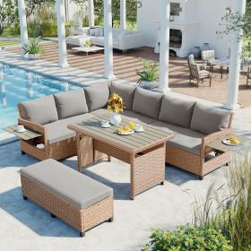 5-Piece Outdoor Patio Rattan Sofa Set; Sectional PE Wicker L-Shaped Garden Furniture Set with 2 Extendable Side Tables;  Brown