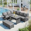5-Piece Outdoor Patio Rattan Sofa Set; Sectional PE Wicker L-Shaped Garden Furniture Set with 2 Extendable Side Tables; Brown - Gray