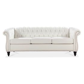 84.65" Rolled Arm Chesterfield 3 Seater Sofa. - White