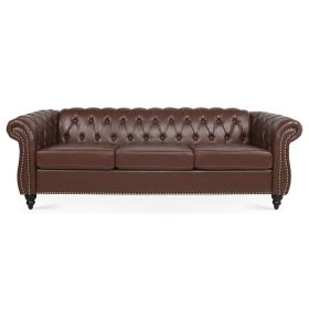 84.65" Rolled Arm Chesterfield 3 Seater Sofa. - Dark Brown