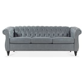 84.65" Rolled Arm Chesterfield 3 Seater Sofa. - Grey