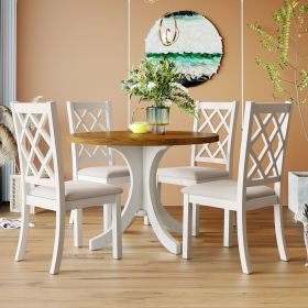 Mid-Century Solid Wood 5-Piece Round Dining Table Set, Kitchen Table Set with Upholstered Chairs for Small Places - Walnut - Solid Wood