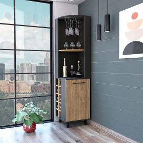 Leah Corner Bar Cabinet; Two Shelves; Ten Built-in Wine Rack; Single Door Cabinet; Two Interior Shelves - Black / Pine