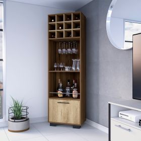 Aubree Corner Bar Cabinet; Twelve Built-in Wine Rack; Two Shelves; One Flexible Drawer - Mahagony / Macadamia