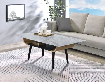 Landon 47" Coffee Table with Glass Gray Marble Texture Top and Bent Wood Design - as Pic