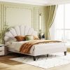 Queen Size Upholstered Platform Bed with Flower Pattern Velvet Headboard, Beige - as Pic