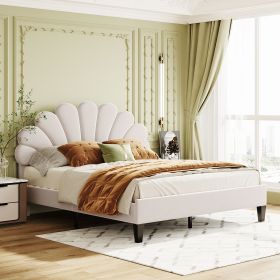 Queen Size Upholstered Platform Bed with Flower Pattern Velvet Headboard, Beige - as Pic