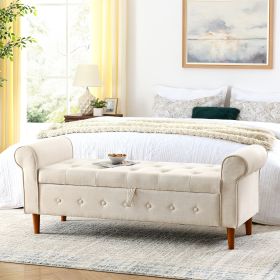 62" Bedroom Tufted Button Storage Bench, Modern Fabric Upholstered Ottoman, Window Bench, Rolled Arm Design (Beige)