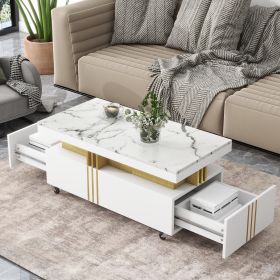 Contemporary Coffee Table with Faux Marble Top, Rectangle Cocktail Table with Caster Wheels, Moderate Luxury Center Table with Gold Metal Bars