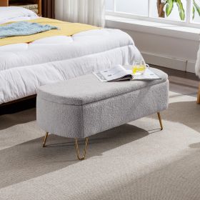 Grey Storage Ottoman Bench for End of Bed Gold Legs, Modern Grey Faux Fur Entryway Bench