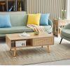 41.34" Rattan Coffee table, sliding door for storage, solid wood legs, Modern table for living room , natural - as Pic