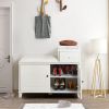 White Shoe Storage Bench Cabinet with Fireproof PU Cushion, Double Doors and Movable Drawer Wood for Door Entrance - as Pic