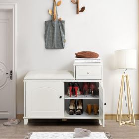 White Shoe Storage Bench Cabinet with Fireproof PU Cushion, Double Doors and Movable Drawer Wood for Door Entrance - as Pic
