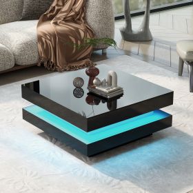 ON-TREND High Gloss Minimalist Design with LED Lights, 2-Tier Square Coffee Table, Center Table for Living Room, 31.5''x31.5''x14.2'',Black - as Pic