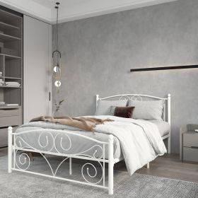 Full Size Unique Flower Sturdy System Metal Bed Frame with Headboard and Footboard - White
