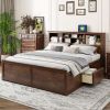 King Size Wood Platform Bed with Multi-storage Headboard, USB and Drawers, Antique Wood Color - as Pic