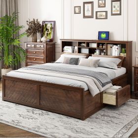 King Size Wood Platform Bed with Multi-storage Headboard, USB and Drawers, Antique Wood Color - as Pic