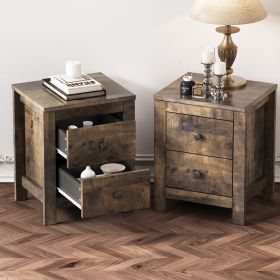 Farmhouse Wooden Nightstand Set of 2 with Retro Design, Wood Side Table with Storage Cabinet for Bedroom, Antique Walnut - as Pic