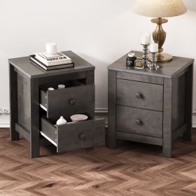 Farmhouse Wooden Nightstand Set of 2 with Retro Design, Wood Side Table with Storage Cabinet for Bedroom, Antique Gray - as Pic