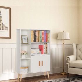 Storage Cabinet, Free Standing Wooden Display Bookcase with Double Doors, 2 Shelves, 3 Cubes and 4 Legs- White