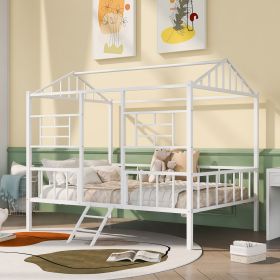 Metal House Bed Frame Full Size with Slatted Support No Box Spring Needed  - White