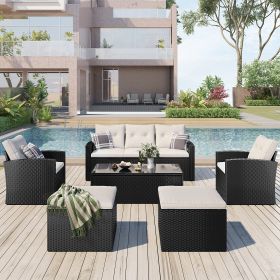 6-piece All-Weather Wicker PE rattan Patio Outdoor Dining Conversation Sectional Set with coffee tab - Beige