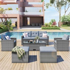 6-piece All-Weather Wicker PE rattan Patio Outdoor Dining Conversation Sectional Set with coffee table- Gray