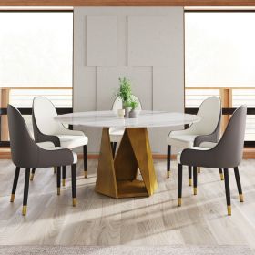 59.05" Round Marble Dining Table with Bronze Iron Metal Base, Artificial Marble for 6-8 People, White (Dining Table Only) - as Pic