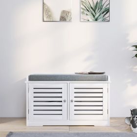Shoe Storage Bench with Padded Seat Cushion, Entryway Bench with 2 Barn Doors-White - as Pic