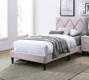 Twin Size Bed w Adjustable Headboard 1pc Bedframe, Light Pink Velvet Upholstered Youth Bedroom Furniture - as Pic