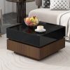 Multi-functional Square 360°Rotating Coffee Table with 2 Drawers, High Gloss 2-Tier Center Table with Swivel Tabletop and Storage, Walnut, Black
