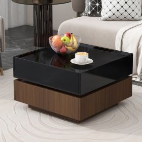 Multi-functional Square 360°Rotating Coffee Table with 2 Drawers, High Gloss 2-Tier Center Table with Swivel Tabletop and Storage, Walnut, Black