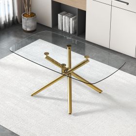 Large Modern Minimalist Rectangular Glass Dining Table for 6-8 with 0.39" Tempered Glass Tabletop and Golden Plated Metal Legs, 71''x35.4'' x30''1537