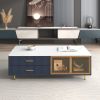 Modern Navy Blue Coffee Table with 2 Glass Door Storage, 4 Drawers, Gold Metal Legs, and Multi-Color Lighting in 47.2'' - as Pic
